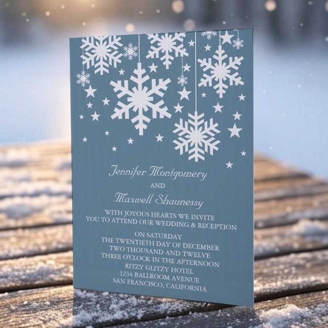 Invitation Snowflakes et Stars Wedding Invitation, Bleu (Blue Snowflakes and Stars Wedding Invitation)