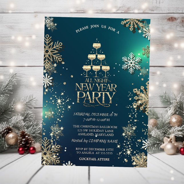 Invitation Snowflakes Gold, Champagne Glass Company Party (Créateur téléchargé)