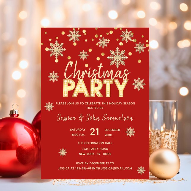 Invitation Snowflakes Gold Red NOËL PARTI (Modern Snowflakes Gold Red CHRISTMAS PARTY Invitation)