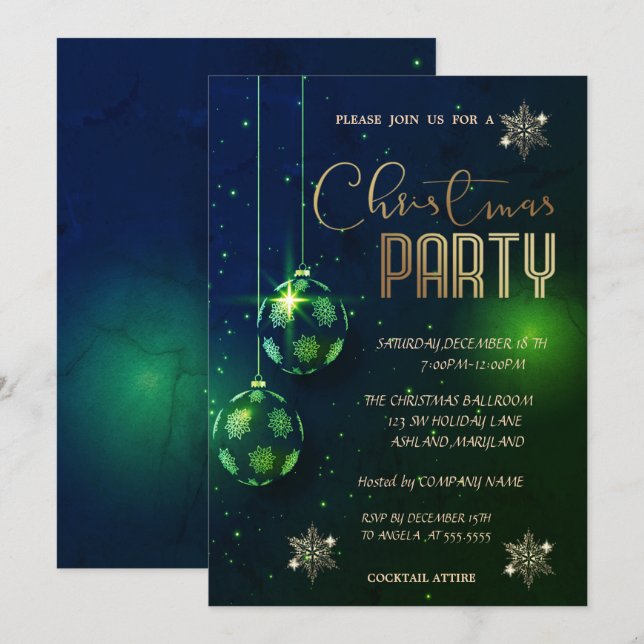 Invitation Snowflakes Green Balls Christmas Corporated (Devant / Derrière)
