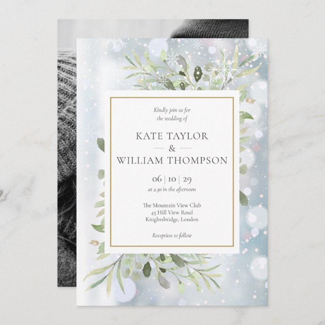 Invitation Snowflakes Green enery Feuilles Photo Mariage hive (Devant / Derrière)