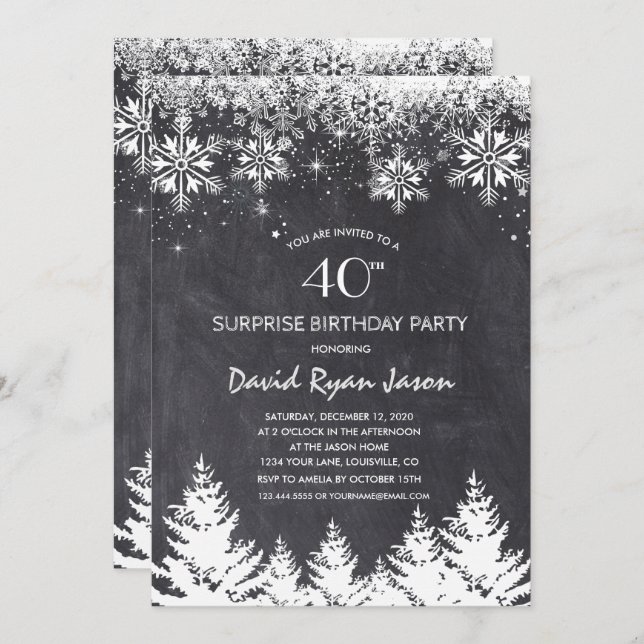 Invitation Snowflakes hiver Chalkboard Surprise Anniversaire (Devant / Derrière)