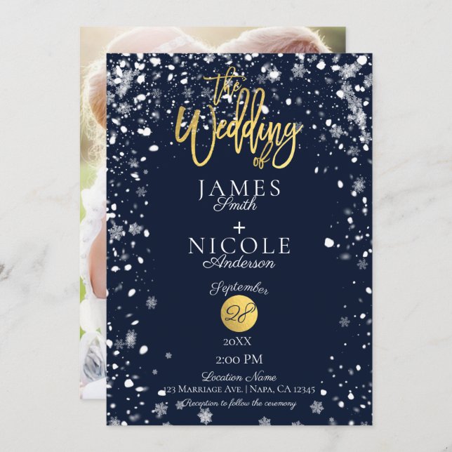 Invitation Snowflakes hiver Gold Foil Mariage photo complet (Devant / Derrière)