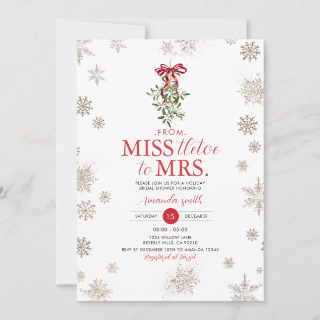 Invitation Snowflakes Miss tletoe à Mme Fête des mariées (Devant)