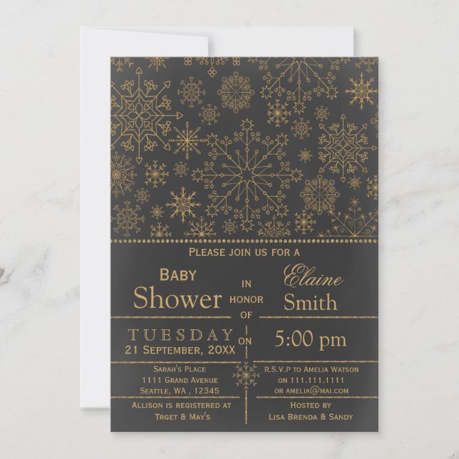 Invitation Snowflakes parties scintillant or Baby shower d'hi (Devant)