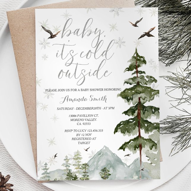 Invitation Snowflakes Pine Trees Froid Dehors Baby shower (Créateur téléchargé)