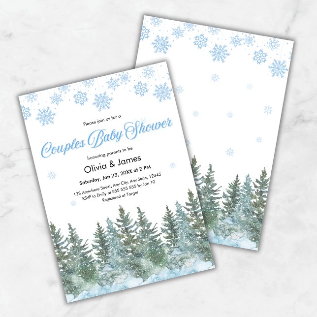 Invitation Snowflakes Pine Trees Winter Couples Baby Shower (Snowflakes Pine Trees Winter Couples Baby Shower Invitation  )