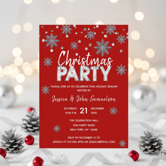 Invitation Snowflakes RED Silver Holiday NOËL PARTI (Snowflakes RED Silver Holiday CHRISTMAS PARTY Invitation)