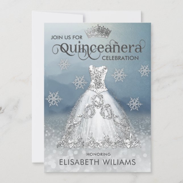 Invitation Snowflakes Robe en argent ombre tiara Quinceañera (Devant)