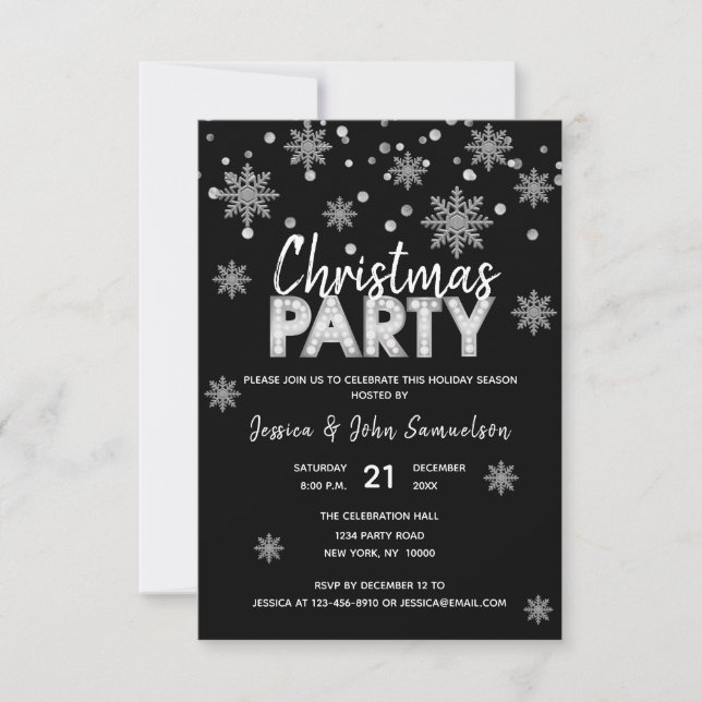 Invitation Snowflakes Silver Black NOËL PARTI (Devant)