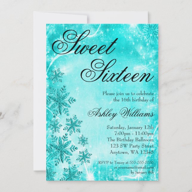 Invitation Snowflakes Turquoise Sweet 16 Winter Wonderland (Devant)