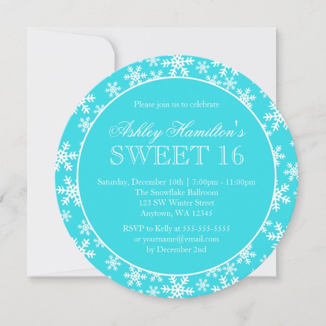 Invitation Snowflakes Turquoises Sweet 16 Winter Wonderland R (Devant)