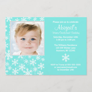 Invitation Snowflakes Winter Onederland Aqua Photo Anniversai