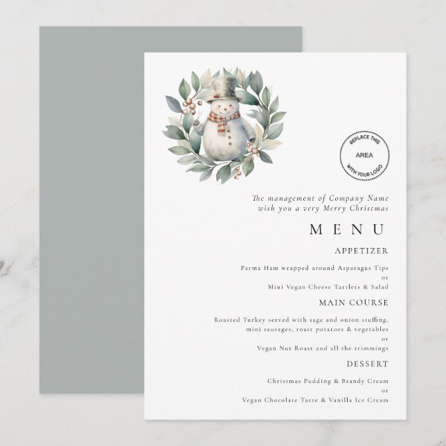 Invitation Snowman Business Logo Christmas Party Menu Card (Devant / Derrière)