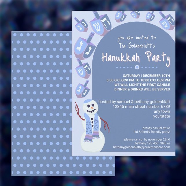 Invitation Snowman Dreidels mignonne Hanoukka Fête de Vacance (These cute Hanukkah party invitations are adorable for kids parties and fun for adult gatherings too)