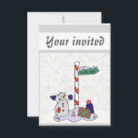 Invitation Snowman & Pôle Nord -<br><div class="desc">Le bonhomme de neige est habillé de gants et de boutons bleus. Le bonhomme de neige est debout à côté d'un poteau blanc et rouge avec un signe vert qui dit "pôle Nord". Les cadeaux sont à côté du pôle. De la neige blanche est posée sur le sol. Ces invitations...</div>