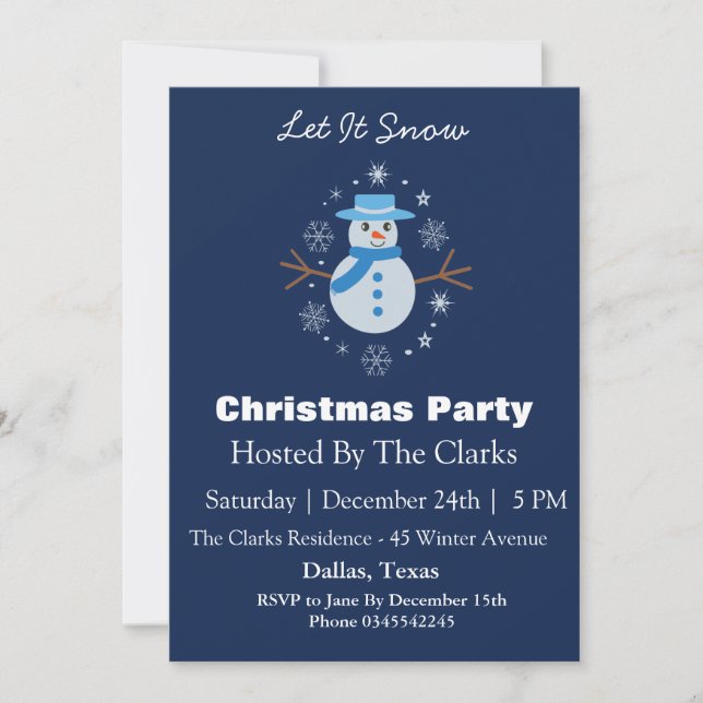 Invitation Snowman Snowflake Dark Blue Christmas Party (Devant)