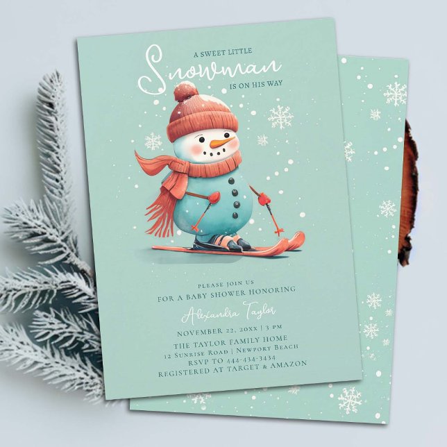 Invitation Snowman sur Skis Sports d'hiver Turquoise Baby sho (snowman boy baby shower invitation winter sports skiing watercolor cute adorable teal blue orange )