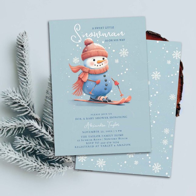 Invitation Snowman sur Skis Winter Sports Blue Boy Baby showe (sweet little snowman winter baby boy shower invitation sports skiing snow snowflakes watercolor cute)