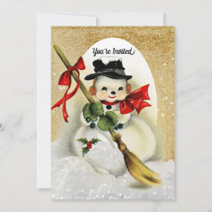 Invitation Snowman vintage avec Gold Parties scintillant fête