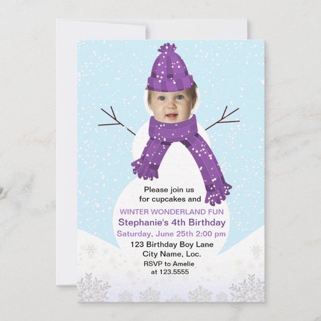 Invitation Snowman Winter Wonderland Photo Custom Birday (Devant)