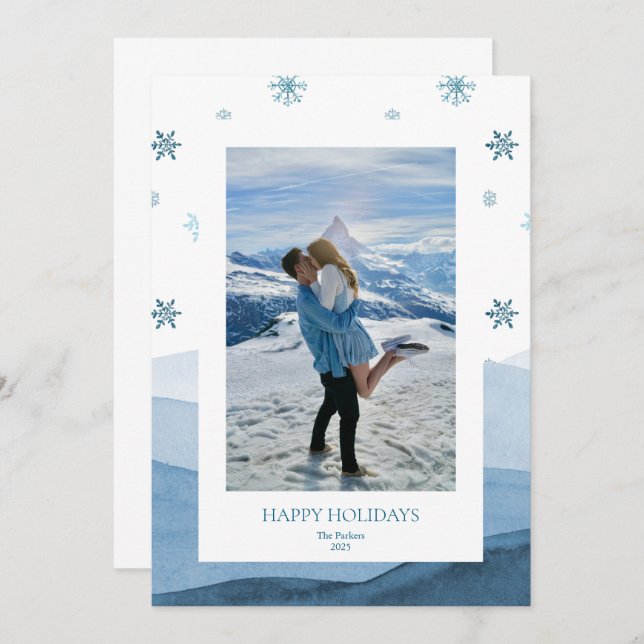 Invitation Snowy Blue Holiday Photo Card (Devant / Derrière)