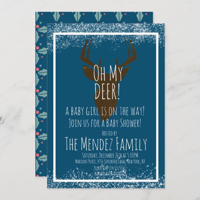 Invitation Snowy Christmas Deer Genre Baby shower naturel (Devant / Derrière)