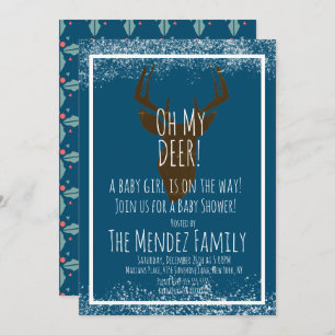 Invitation Snowy Christmas Deer Genre Baby shower naturel