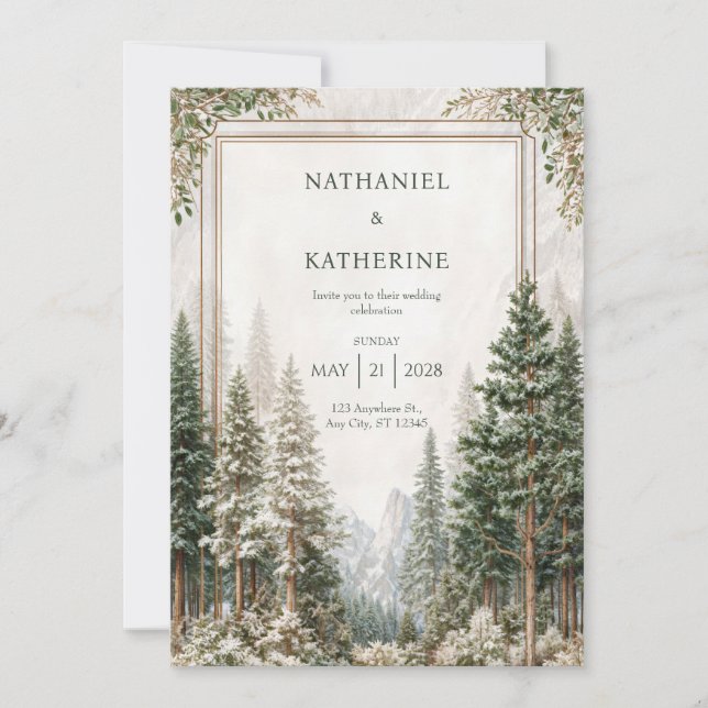 Invitation Snowy Mountain Pine Forest Wedding (Devant)