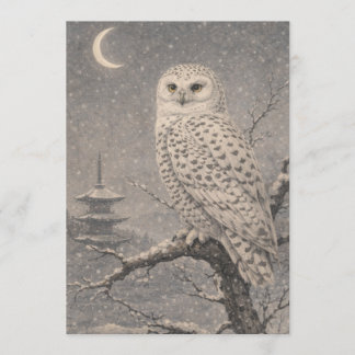 Invitation Snowy Owl Postcard, Japanese Pagoda Moon Scene