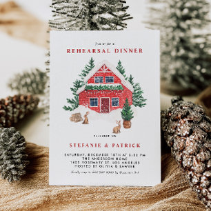 Invitation Snowy Red Cottage Forest Dîner de répétition hiver