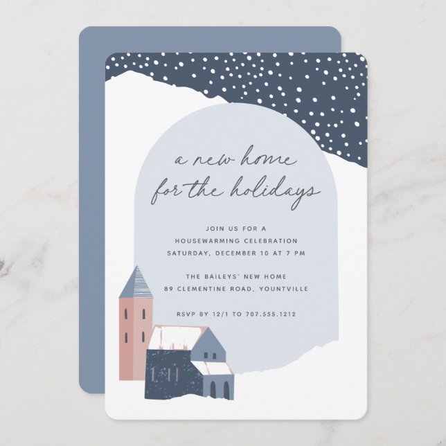 Invitation Snowy Village Vacances Fête du Ménage (Devant / Derrière)