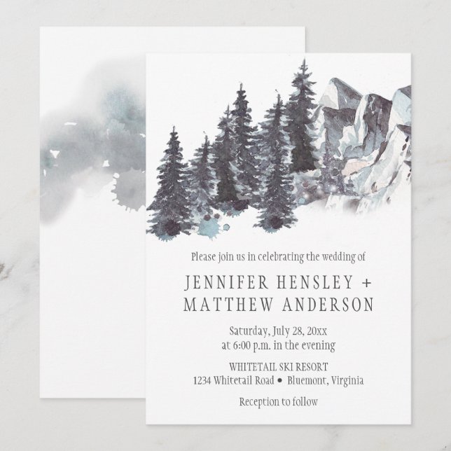 Invitation Snowy Winter Trees Montagnes Mariage de neige | (Devant / Derrière)
