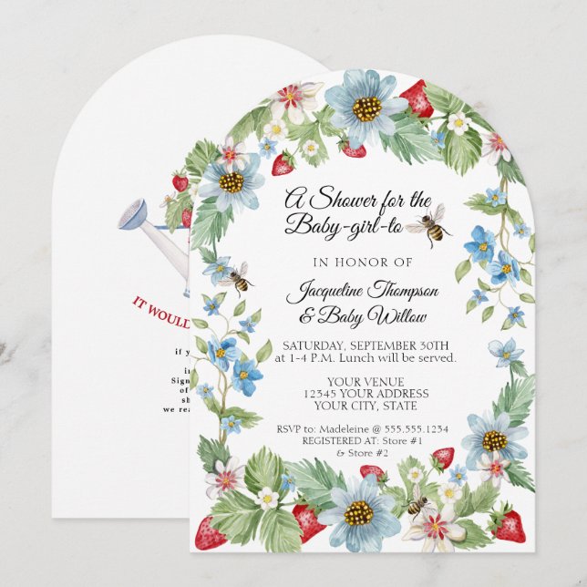 Invitation So Berry Sweet Strawberry Girl to Bee Baby Shower (Devant / Derrière)