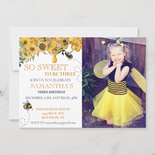 Invitation So Sweet Bee Honey Anniversaire Photo Party (Devant)