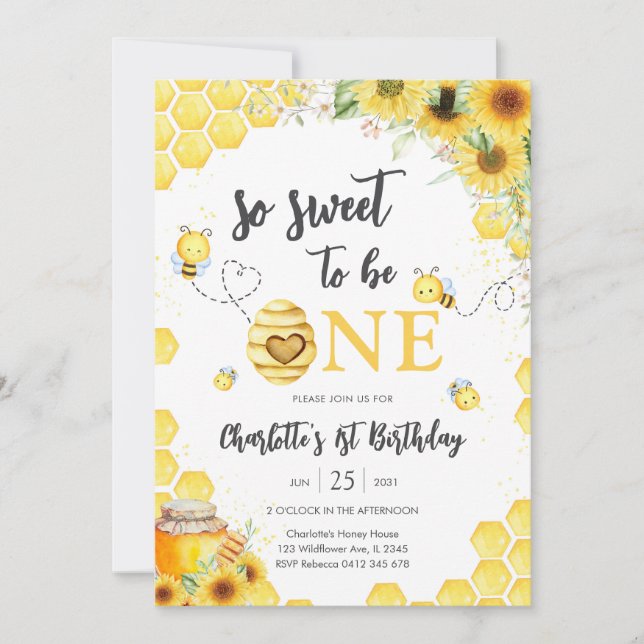 Invitation So Sweet To Be One Honey Bee 1st Birthday (Devant)
