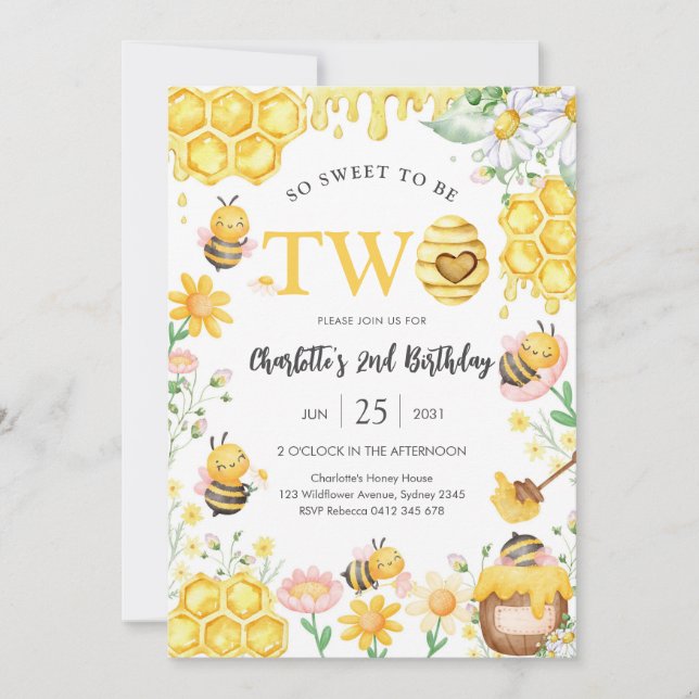 Invitation So Sweet To Be Two Honey Bee 2nd Birthday (Devant)