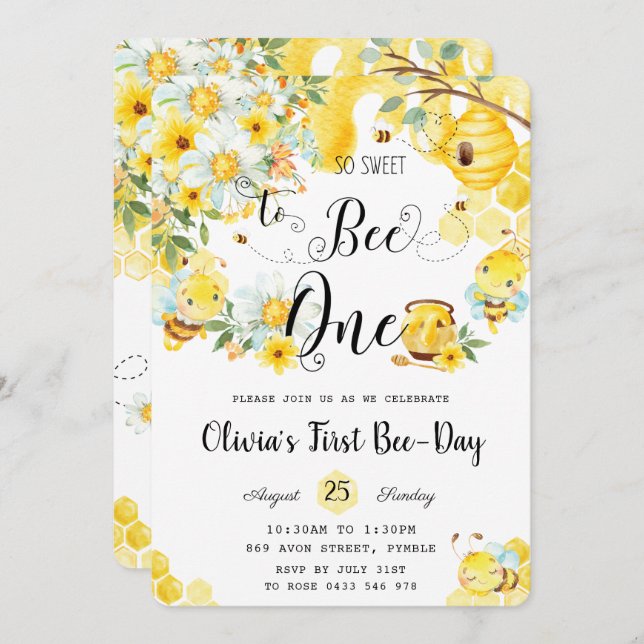 Invitation So Sweet to Bee One mignonne Bees 1er anniversaire (Devant / Derrière)