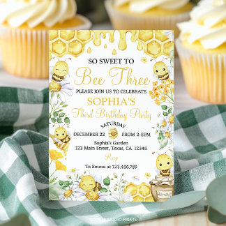 Invitation So Sweet To Bee Three Honey Bee Floral Birthday