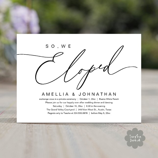 Invitation So, We Eloped, Romantic Wedding Elopement Party (So, We Eloped, Modern Romantic Wedding Dinner Brunch Lunch Party Invitation Card PDF Black White)