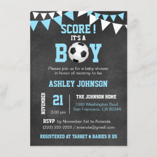 Invitation SOCCER C'est un garçon Baby shower Chalkboard Blue