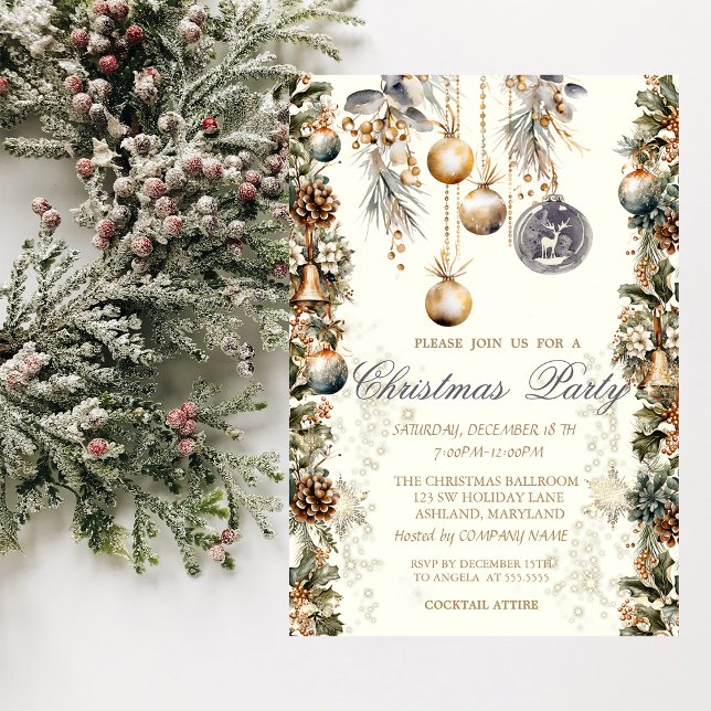 Invitation Société Boules Cloches Cônes de pin Flocons de nei (Créateur téléchargé)