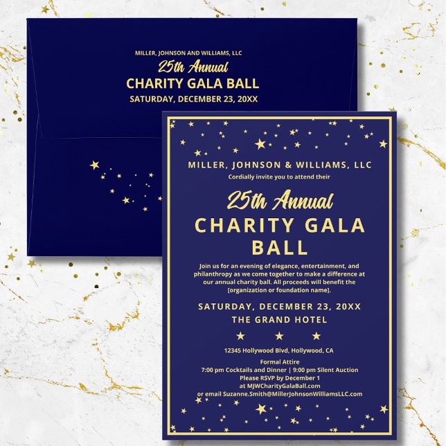 Invitation Société Charity Gala Bal Elégant Blue Gold Custom (Elegant Annual Charity Gala Ball Fundraiser Invitation in blue & gold. Also available with gold foil)