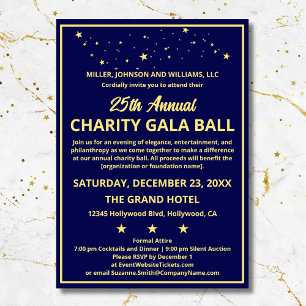 Invitation Société Charity Gala Bal Elégant Blue Gold Custom