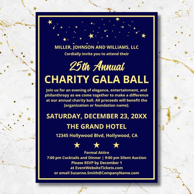 Invitation Société Charity Gala Bal Elégant Blue Gold Custom (Elevate your Charity Gala Ball with these elegant blue and gold invitations.)