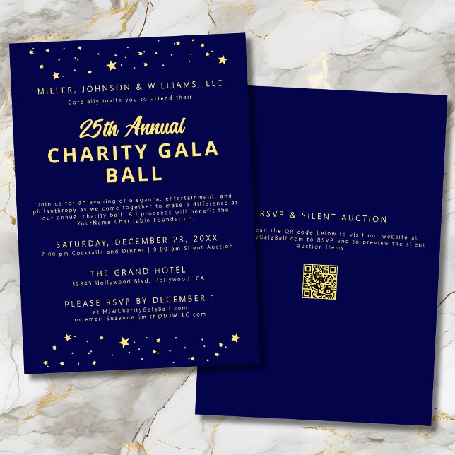 Invitation Société Charity Gala Ball collecte de fonds Blue G (Company Charity Gala Ball Silent Auction Fundraiser Navy Blue & Gold Invitation with QR Code, Stars.)