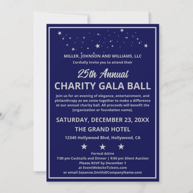 Invitation Société Charity Gala Ball Elegant Bleu Argent (Devant)