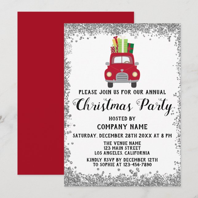 Invitation Société de Cadeaux Camion Rouge Noël Argent (Devant / Derrière)