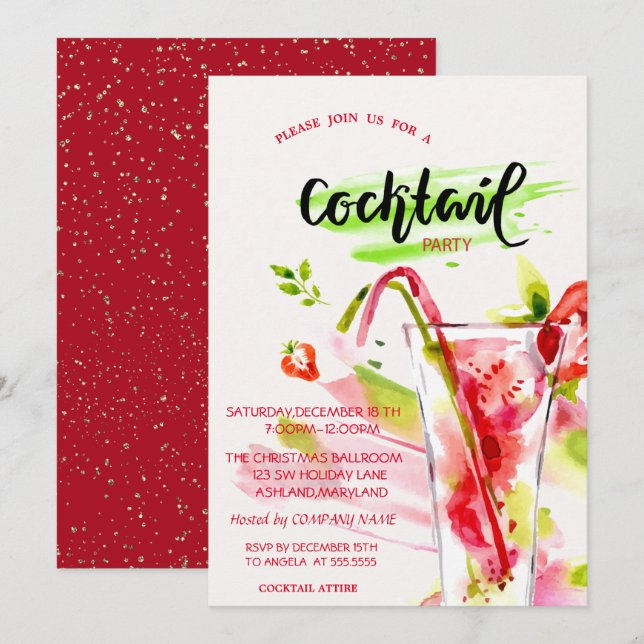 Invitation Société de Confettis de Cocktail de Fêtes de Noël  (Devant / Derrière)