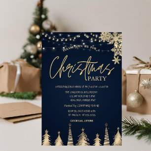 Invitation Société de Noël Flocons de Sapin Doré Bleu